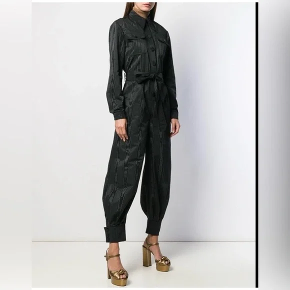 NWOT Gucci  Mock Neck Belted Moire Jumpsuit Romper Black Size 36/XS - Picture 2 of 12